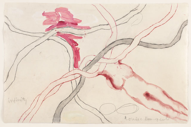 Louise Bourgeois. No. 5 of 14 from the installation set À l’Infini. 2008. Soft ground etching, with selective wiping, watercolor, gouache, pencil, coloured pencil, and watercolour wash additions. Sheet: 40 × 60 in (101.6 × 152.4 cm). The Museum of Modern Art, New York. Purchased with funds provided by Agnes Gund, Marie-Josée and Henry R. Kravis, Marlene Hess and James D. Zirin, Maja Oeri and Hans Bodenmann, and Katherine Farley and Jerry Speyer, and Richard S. Zeisler Bequest (by exchange). © 2017 The Easton Foundation/Licensed by VAGA, NY.