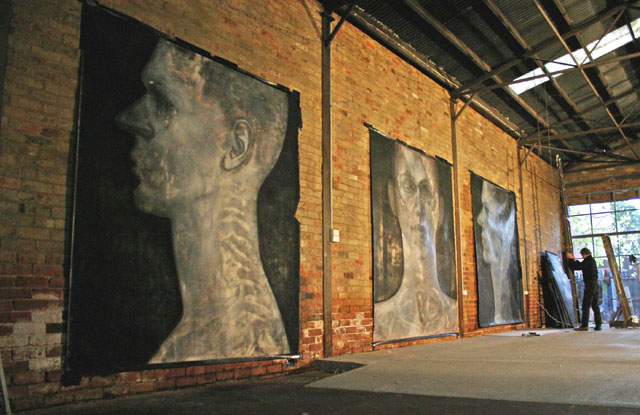 Studio shot 2008 of Empirical Triptych, 1983, formerly titled Thirty Third Birthday Portrait. Chinagraph, silver oxide, charcoal and pastel on paper. Collection of the artist.