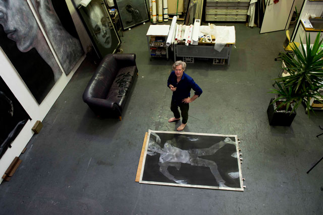 Godwin Bradbeer in his studio (2016) with The Lodger, 2015. Chinagraph, silver oxide and pastel on paper.