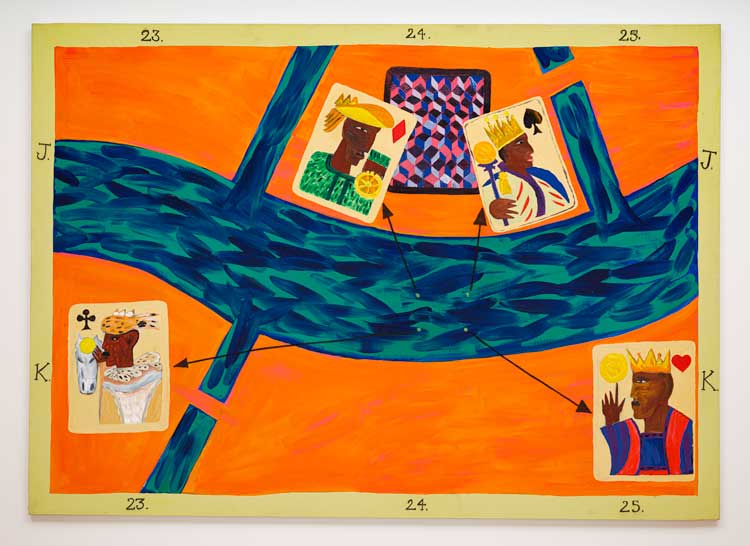 Lubaina Himid. Venetian Maps (Kings), 1997. Acrylic on canvas, 60.04 x 84.06 in. Courtesy the artist and Lehmann Maupin, New York, Hong Kong, Seoul, and London. Photo by Eva Herzog.