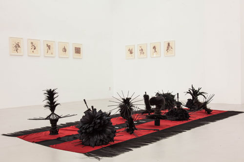 Nina Lola Bachhuber. Bankett, 2013. Fabric, hair, wood, paint, mirrors, tights, feathers, fur, coil springs, 355 x 50 x 172cm.
