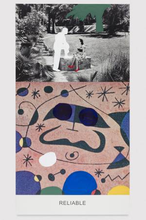 John Baldessari. Miró and Life in General: Reliable, 2016. Varnished inkjet print on canvas with acrylic paint, 95 11/16 x 49 in.  No. 19348. © John Baldessari, courtesy of the artist and Marian Goodman Gallery. Photograph: Joshua White.