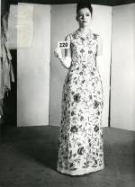 Cristobal Balenciaga. House photograph of evening dress of ivory silk with polychrome silk floral embroidery by Lesage, summer 1960. Courtesy Balenciaga Archive.