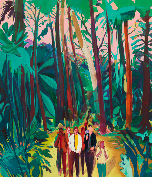 Jules de Balincourt. Canyon Kids, 2016. Oil on panel, 177.8 x 152.4 cm (70 x 60 in). Courtesy of the artist and Victoria Miro, London. © Jules de Balincourt.