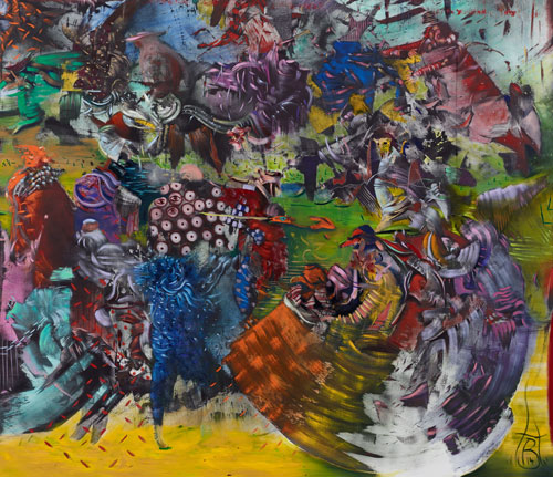 Ali Banisadr. Ran, 2014 (detail 1). Oil on linen, 96 x 180 in.