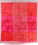 Irene Barberis. V<em>isions and Dreams – faith is a verb silicone and latex cross – revelation and utopian ideal</em>, 2000. Latex, Fluorescent pink pigment, clear silicone, pink builders string, yellow tape, coloured pins. 300cms x 300cms © the artist. Photo artist, School of Art Gallery (former Square Gallery) RMIT University, Melbourne, Australia.