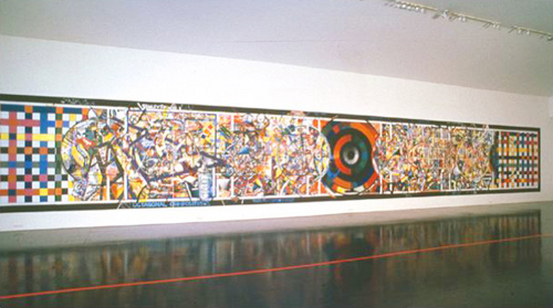 Irene Barberis. <em>Spiritual and Mundane/Aspects of Scripture in the Modern World</em>, 1992. Mundane Painting. Acrylic paint, tape, on wooden panels. 240 x 1680 cms © the artist. Photo artist, Luba Bilu Gallery, Melbourne, Australia.