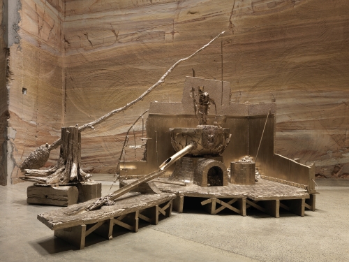 Matthew Barney. Shaduf, 2014. Cast brass, 144 x 120 x 180 in. Courtesy of the artist and Gladstone Gallery, New York and Brussels, installation view of Matthew Barney: RIVER OF FUNDAMENT at Museum of Old and New Art (MONA), 2014-15. Photograph: Rémi Chauvin/MONA.