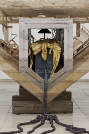 Matthew Barney. Boat of Ra (detail), 2014. Wood, cast bronze, resin-bonded sand, steel, and gold plating, 132 × 600 × 288 in. Installation view, courtesy Laurenz Foundation, Schaulager, Basel. Photograph: Maximilian Geuter.