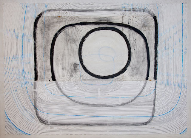Regine Bartsch. Time Frames, 2016. Paper, canvas, thread, ink and graphite, 180 x 130 cm. Photograph: Alan Landers.