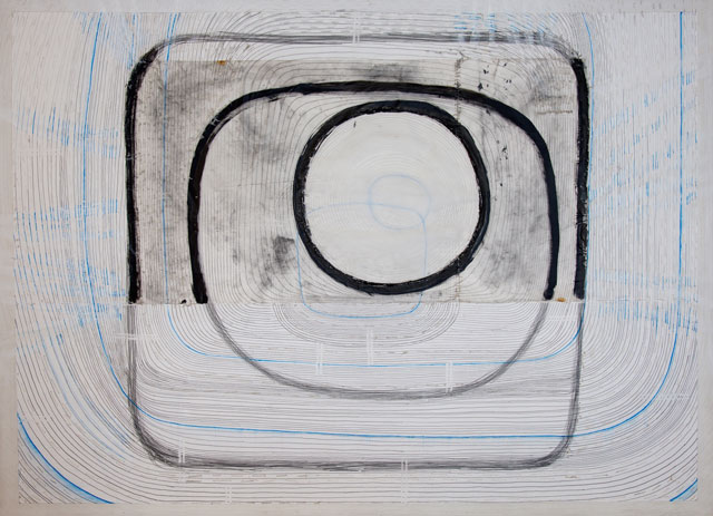 Regine Bartsch. Time Frames, 2016. Paper, canvas, thread, ink and graphite, 180 x 130 cm. Photograph: Alan Landers.