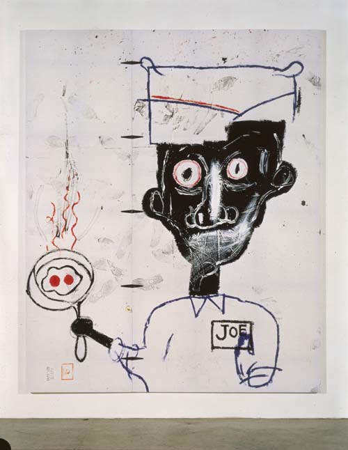 Jean-Michel Basquiat (1960-1988), Eyes and Eggs 1983. Acrylic, oil paintstick, and paper collage on cotton drop cloth 119 x 97 in. (302.3 x 246.4 cm). The Eli and Edythe L. Broad Collection, Los Angeles