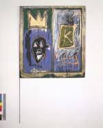 Jean-Michel Basquiat (1960-1988), Untitled 1981. Acrylic, oil, oil paintstick and gold leaf on found window 38 x 34 1/4 x 2 3/16 in. (121.9 x 121.9 cm). Collection of Leo Malca