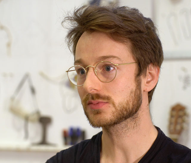 Oliver Beer talking to Studio International at his London studio, 7 March 2017. Photograph: Martin Kennedy.