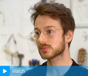 Oliver Beer talking to Studio International at his London studio, 7 March 2017. Photograph: Martin Kennedy.