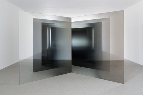 Larry Bell. 6 x 6 An Improvisation, 1989-2014. Clear glass, gray glass, and glass coated with Inconel (Nickel/chrome alloy). Forty panels, each: 72 x 72 x 1/2 in (182.9 x 182.9 x 1.3 cm).