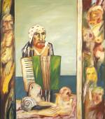 John Bellany. <em>Self Portrait with Accordion</em> 1974. 173 x 153 cm, oil on canvas. Artist's Collection.