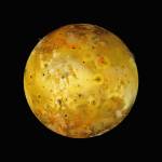 Volcanic Io with two eruptions visible. The closest of Jupiter’s large moons, Io is the most volcanic object in the solar system. The gravitational pull of Jupiter combined with a regular counter-pull by its sizeable sister moons, squeezes the moon, heating its interior and forcing lava to the surface in eruptions from more than 400 active volcanoes. Mosaic composite photograph. Galileo, 3 July 1999. TK © Michael Benson, Kinetikon Pictures. Courtesy of Flowers Gallery.