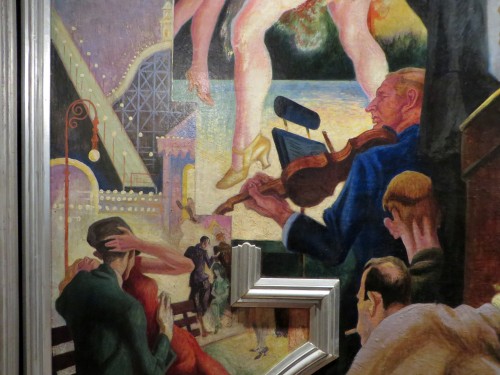 Angled aluminium-leaf moulding overlaying City Activities with Subway (detail), with Benton’s painted rectilinear extensions further separating mural subjects.