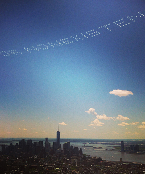 David Birkin. Severe Clear: Existence or Nonexistence, 2014. Skywriting over New York City, Memorial Day weekend, May 2014.