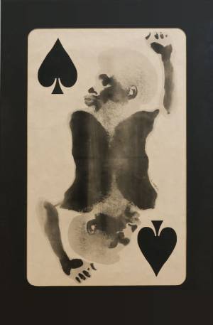 David Hammons. Spade (Power to the Spade), 1969. Body print, pigment, and mixed media on paper, 53 1/4 x 35 1/4 in.
Collection of Jack and Connie Tilton, New York. [On view at Grey Art Gallery, NYU].