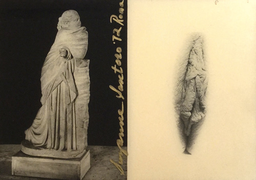 Suzanne Santoro. Roman Statue with Sacra Miniatura, 1972. Two photographs mounted on wood with polyester, 16 x 24 cm. Copyright the artist. Courtesy Richard Saltoun Gallery.