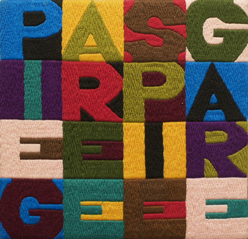 Alighiero Boetti. Piegare e Spiegare, 1990. Embroidery on fabric, 16.5 x 17.5 cm. Courtesy Mazzoleni London.