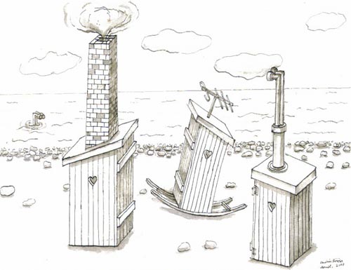 Andràs Böröcz. <em>Home Sweet Home (Outhouse drawings)</em>, 2006. 24 drawings, Ink and wash on paper 9 x 12 in. Courtesy Adam Baumgold Gallery.