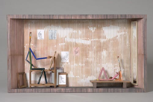 Andràs Böröcz. <em>Big Nude</em>, 2006. Carved pencils, mixed media construction 13 3/4 x 24 1/2 x 4 in. Courtesy Adam Baumgold Gallery.