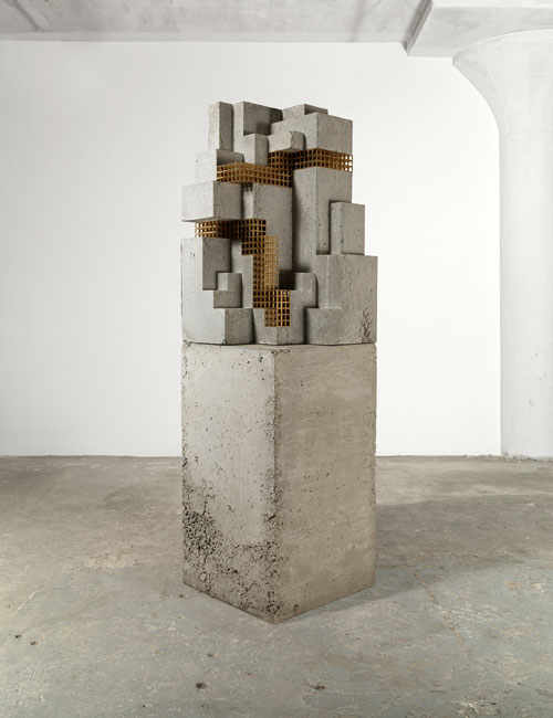 Carol Bove. Hysteron Proteron, 2014. Brass, concrete, 210.8 x 59.7 x 59.7 cm. Courtesy the artist, Maccarone, New York and David Zwirner, New York/London.
