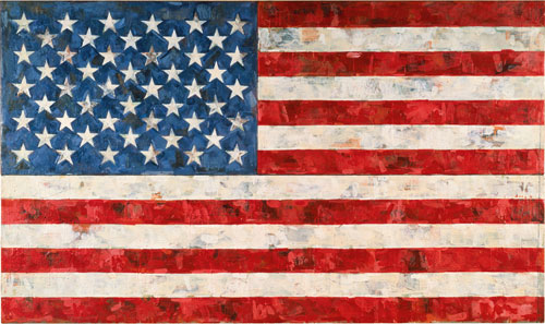 Jasper Johns. Flag, 1967. Encaustic and collage on canvas (three panels), 33 1/2 x 56 1/4 in. Art © Jasper Johns/Licensed by VAGA, New York, NY.