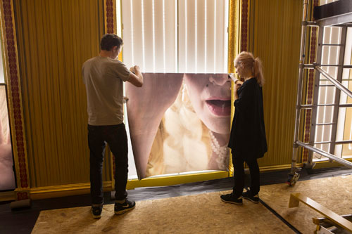 Maisie Broadhead installing her installation Peepers in the Music Room of the Royal Pavilion, Brighton, October 2014. Photograph © Matthew Andrews.