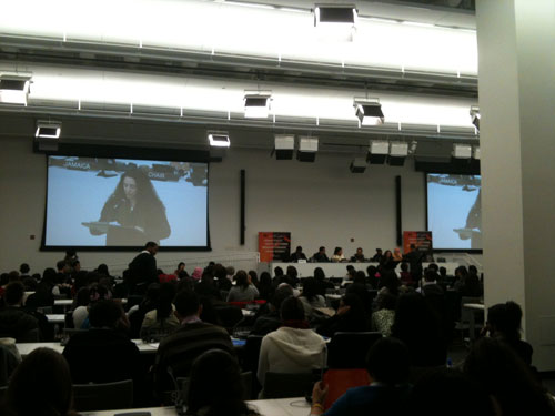 Tania Bruguera. MIGRANT MANIFESTO. First public reading of the Migrant Manifesto at the United Nations Student Conference on Human Rights. 2 December 2011. Courtesy of Immigrant Movement International. Photograph: Creative Time.