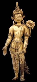 <em>Avalokiteshvara, Padmpani</em>. Nepal, 13th century. Gilt copper alloy with inlays of semiprecious stones, 15 x 5 x 4 in. Rubin Museum of Art, C23005.16.8 (HAR 65430)