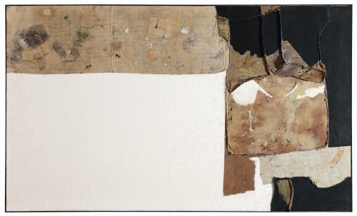 Alberto Burri. Grande bianco (Large White), 1952. Oil, tempera, fabric, burlap, thread, and Vinavil on canvas, 151.5 x 251.5 cm. Fondazione Palazzo Albizzini Collezione Burri, Città di Castello, Italy. © Fondazione Palazzo Albizzini Collezione Burri, Città di Castello/2015 Artists Rights Society (ARS), New York/SIAE, Rome.