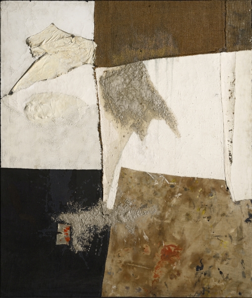 Alberto Burri. Nero bianco e sacco (Black White and Sack), c1954. Oil, fabric, burlap, pumice and PVA on canvas, 125 x 107 cm. Courtesy Galleria Tega, Milan. © Fondazione Palazzo Albizzini Collezione Burri, Città di Castello/2015 Artist Rights Society (ARS), New York/SIAE, Rome. Photograph: Paolo Vandrasch and Romina Bottega.