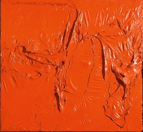 Alberto Burri. Rosso plastica (Red Plastic), 1961. Plastic (PVC), acrylic and combustion on plastic (PE) and black fabric, 142 x 153 cm. Modern Art Foundation. © Fondazione Palazzo Albizzini Collezione Burri, Città di Castello/2015 Artist Rights Society (ARS), New York/SIAE, Rome. Photograph: Massimo Napoli, Rome, courtesy Modern Art Foundation.