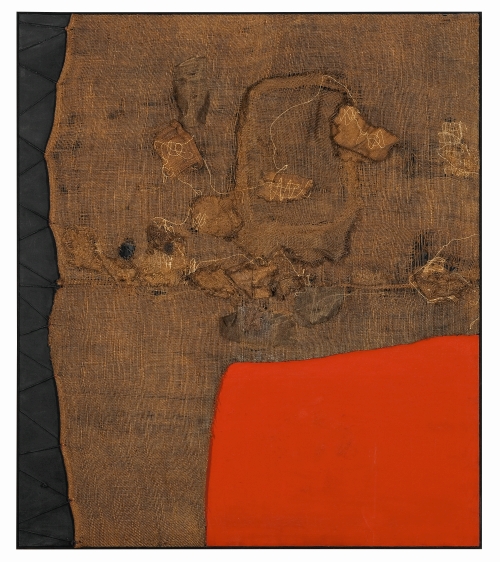 Alberto Burri. Sacco e rosso (Sack and Red), c1959. Burlap, thread, acrylic and PVA on black fabric, 150 x 130 cm. Private collection, London © Fondazione Palazzo Albizzini Collezione Burri, Città di Castello/2015. Artist Rights Society (ARS), New York/SIAE, Rome Photograph: Lucy Dawkins, London.