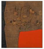 Alberto Burri. Sacco e rosso (Sack and Red), c1959. Burlap, thread, acrylic and PVA on black fabric, 150 x 130 cm. Private collection, London © Fondazione Palazzo Albizzini Collezione Burri, Città di Castello/2015. Artist Rights Society (ARS), New York/SIAE, Rome Photograph: Lucy Dawkins, London.