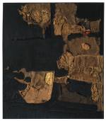 Alberto Burri. Sacco e oro (Sack and Gold), 1953. Burlap, thread, acrylic, gold leaf and PVA on black fabric, 102.9 x 89.4 cm. Private collection, courtesy Galleria dello Scudo, Verona © Fondazione Palazzo Albizzini, Collezione Burri, Città di Castello/2015 Artist Rights Society (ARS), New York/SIAE, Rome.