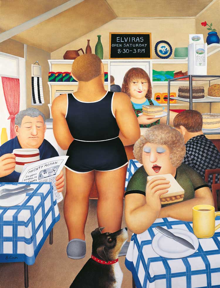Beryl Cook, Elvira's Cafe, c1997. Oil on board. Courtesy of www.ourberylcook.com © John Cook 2025.