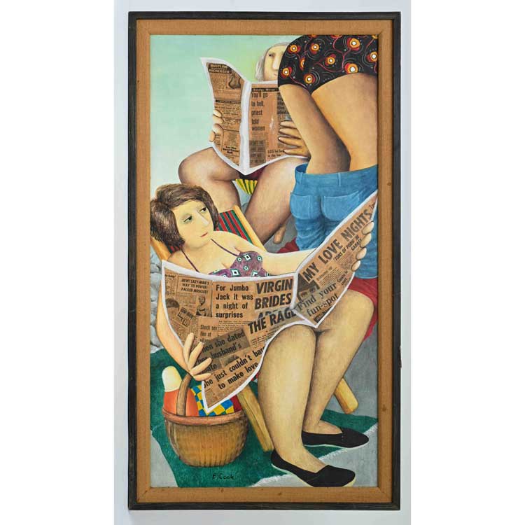 Beryl Cook, Reading Sunday Papers, 1972. Oil and newsprint on board. Courtesy of www.ourberylcook.com © John Cook 2025.