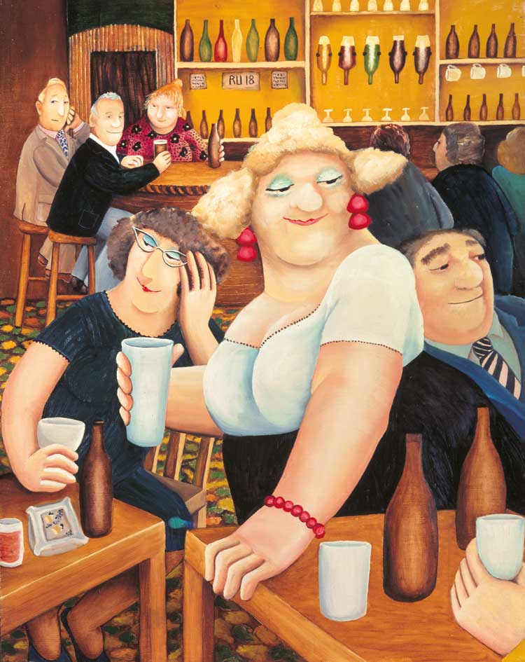 Beryl Cook, The Lockyer Tavern, c1974. Oil on board. Courtesy of www.ourberylcook.com © John Cook 2025.