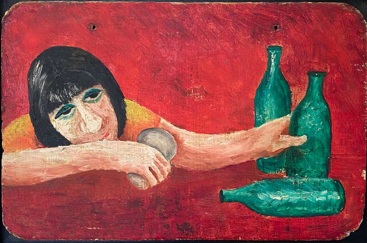 Beryl Cook, Three Green Bottles, late 1960s. Oil on driftwood. Courtesy of www.ourberylcook.com © John Cook 2025.