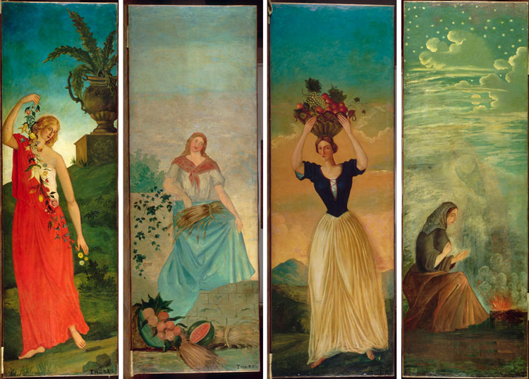 Paul Cezanne, The Four Seasons. Left to right: Le Spring, circa 1860; L’Été, circa 1860; L’Automne, circa 1860, L’Hiver, circa 1860. Oil painting on plaster wall, laid down and mounted on canvas. Petit Palais, musée des Beaux-Arts de la Ville de Paris, Don des héritiers d’Ambroise Vollard, 1950. © Grand Palais Rmn / Agence Bulloz.