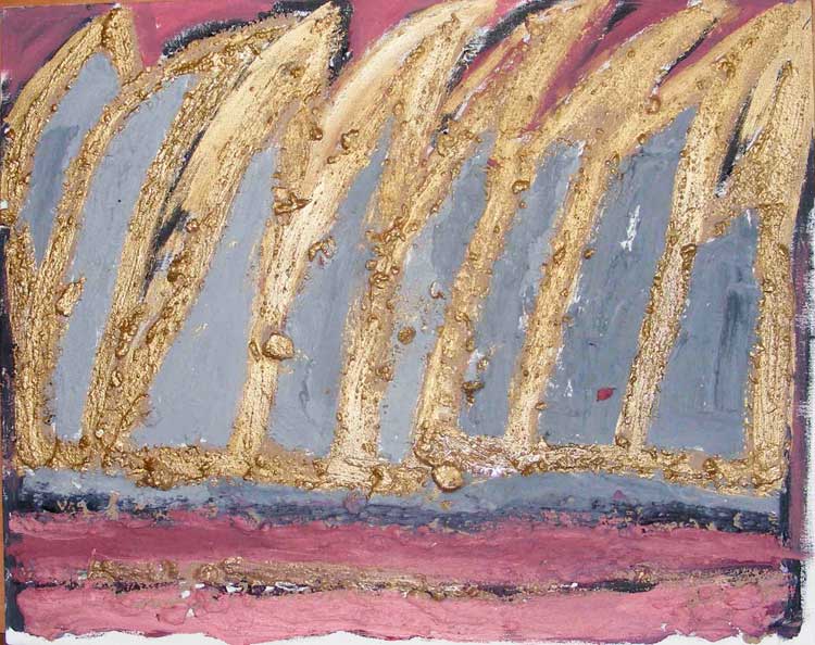 Janet McKenzie. Falling House, 2008. Wood ash, gold leaf and oil on canvas, 50 x 70 cm. © The Artist.