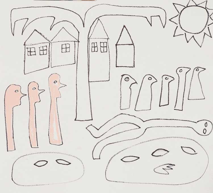 Janet McKenzie. Funeral, 2011. Felt pen and gouache on Khadi paper, 30 x 33 cm. © The Artist.