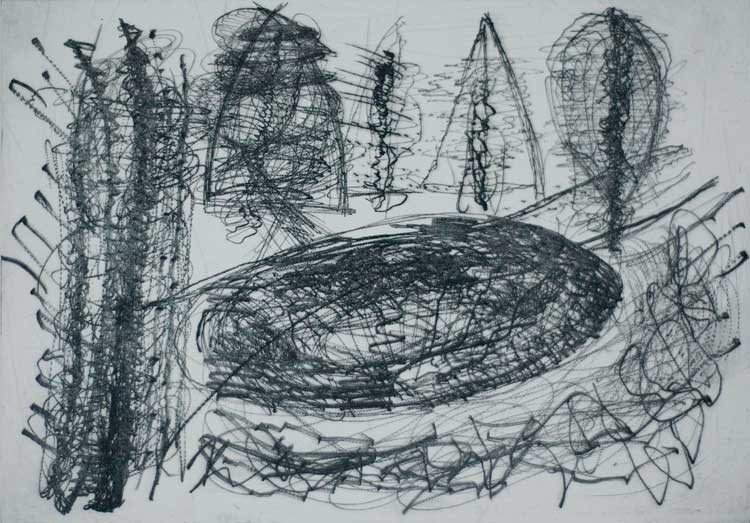 Janet McKenzie. The Wood’s in Trouble, 2016. Drypoint etching, 25 x 36 cm. © The Artist.