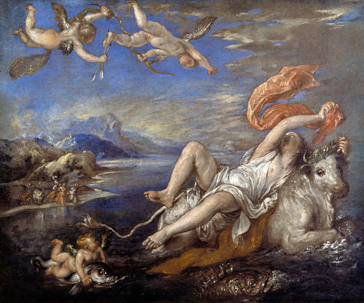 After Titian, Europa and the Bull, 17th century. Oil on canvas, 46.7 x 57.1 cm. Dulwich Picture Gallery, London.