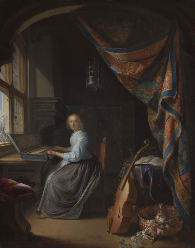 Gerrit Dou, A Woman Playing a Clavichord, c1665. Oil on oak panel, 37.7 x 29.9 cm. Dulwich Picture Gallery, London.